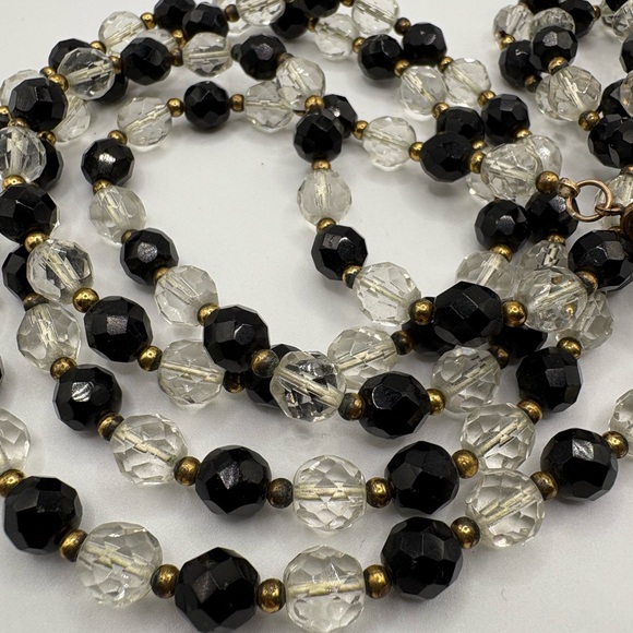 Vintage Long Gold Filled Faceted French Jet and Clear Crystal Beaded Necklace - Picture 3 of 7